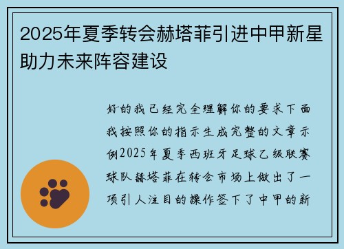 2025年夏季转会赫塔菲引进中甲新星助力未来阵容建设