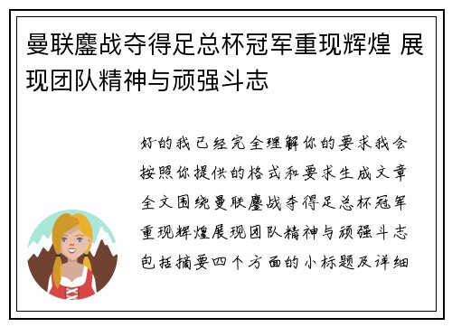 曼联鏖战夺得足总杯冠军重现辉煌 展现团队精神与顽强斗志
